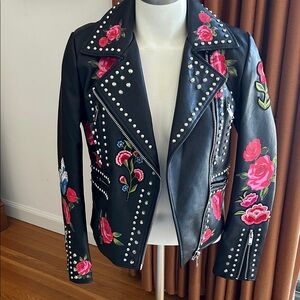 Floral Embellished Black faux Leather Jacket